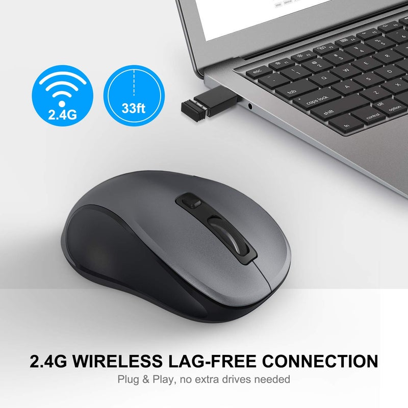 WisFox 2.4G Wireless Mouse for Laptop, Ergonomic Computer Mouse with USB Receiver and Type-C Adapter, 3 Adjustable Levels, 6 Button Cordless Mice for Windows Mac PC Notebook (Grey and Black) - Image 3